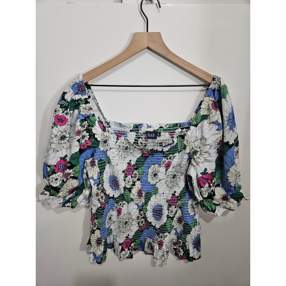 Gap‎ Floral Smocked Puff Sleeve Top XL Tall Square Neck Blue Green Pink Blossom